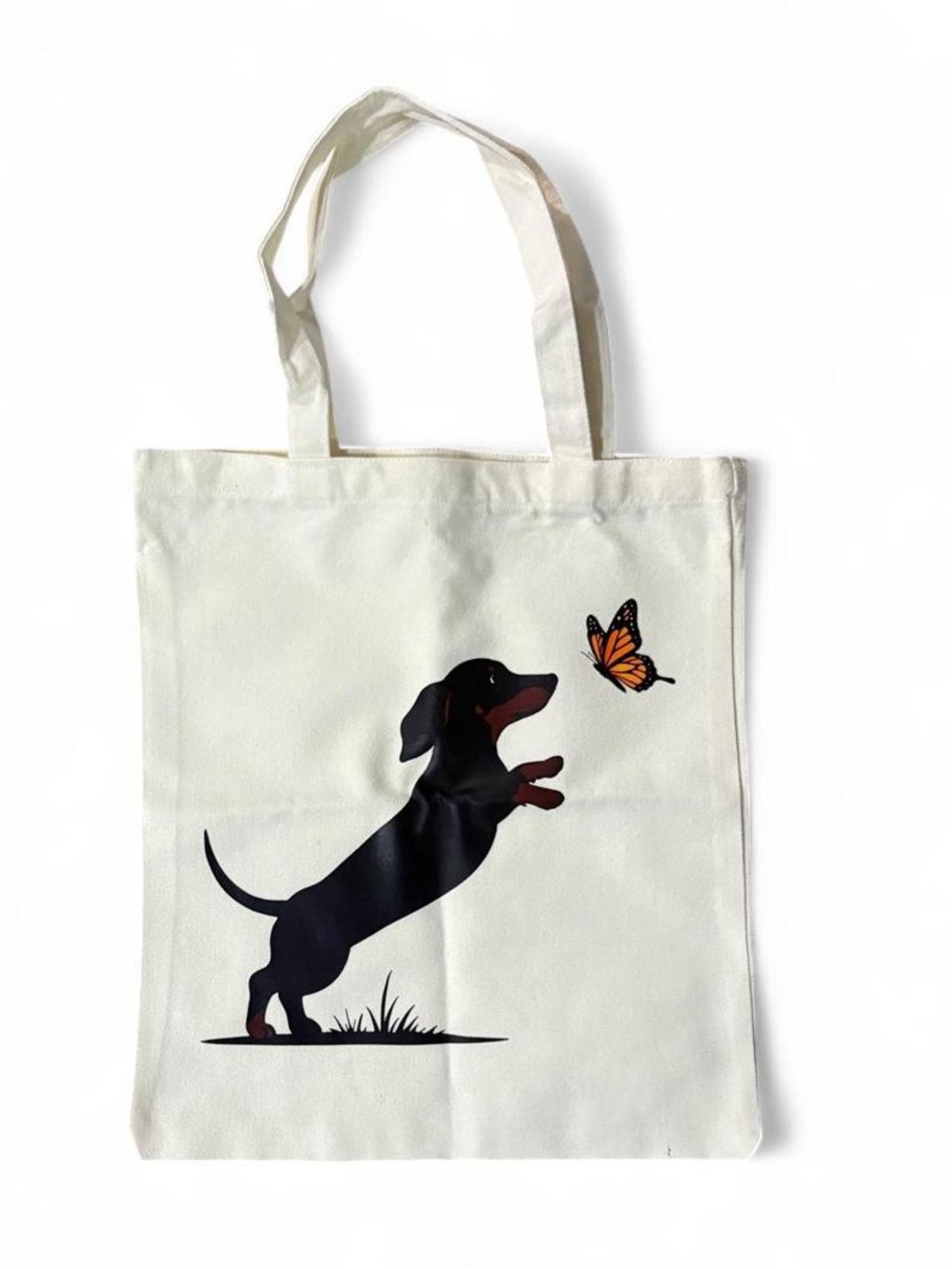 Blank Canvas Tote with Black Dachshund and Orange Butterfly Print